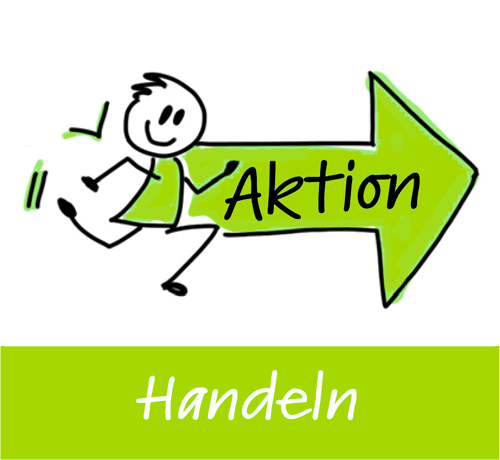 Illustration handeln, verhaltensbezogene Selbstführung,  Hahn-Coaching, Silvia Hahn, laufendes Männchen mit Pfeil auf dem Action steht.